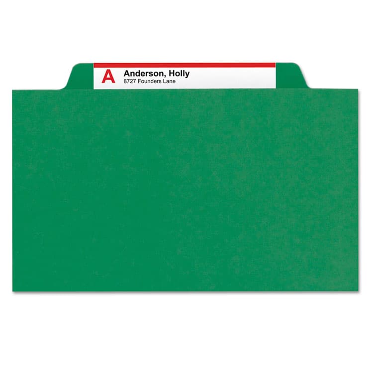 SMEAD MANUFACTURING CO. Pressboard Top Tab Classification Folders, 2/5 Tab, Expands 3", 3 Dividers, 8 SafeSHIELD Fasteners, Letter Size, Green, 10/BX (SMD14097) thumbnail 3