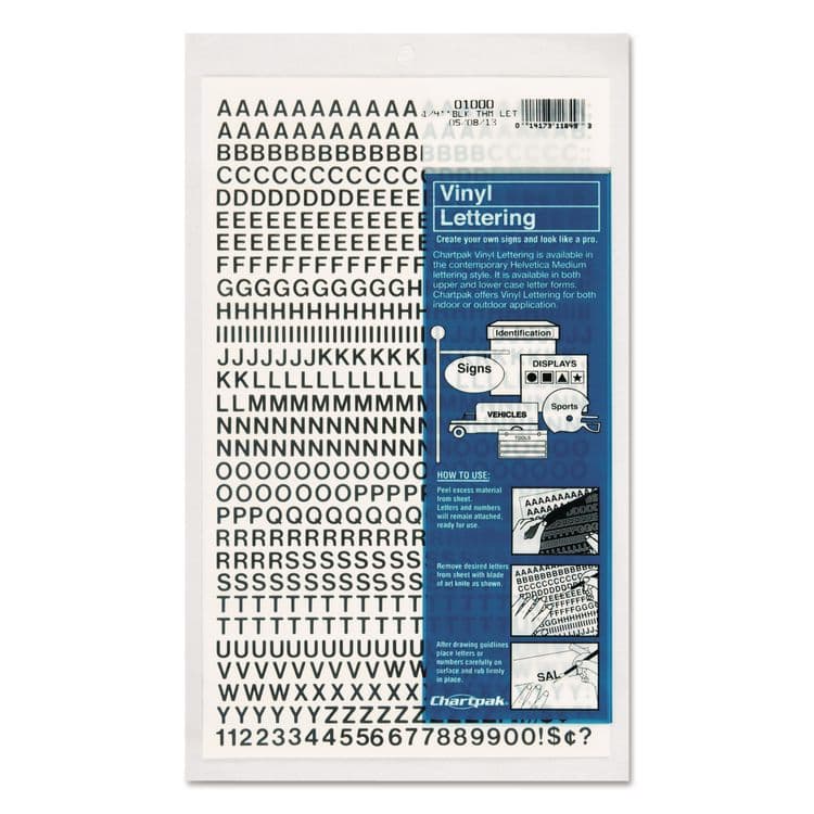 CHARTPAK/PICKETT Press-On Vinyl Self-Adhesive Numbers and Uppercase Letters, 0.25" Tall, Black Characters, 610/Pack (CHA01000)