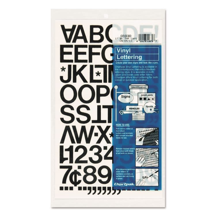CHARTPAK/PICKETT Press-On Vinyl Self-Adhesive Numbers and Uppercase Letters, 1" Tall, Black Characters, 88/Pack (CHA01030)