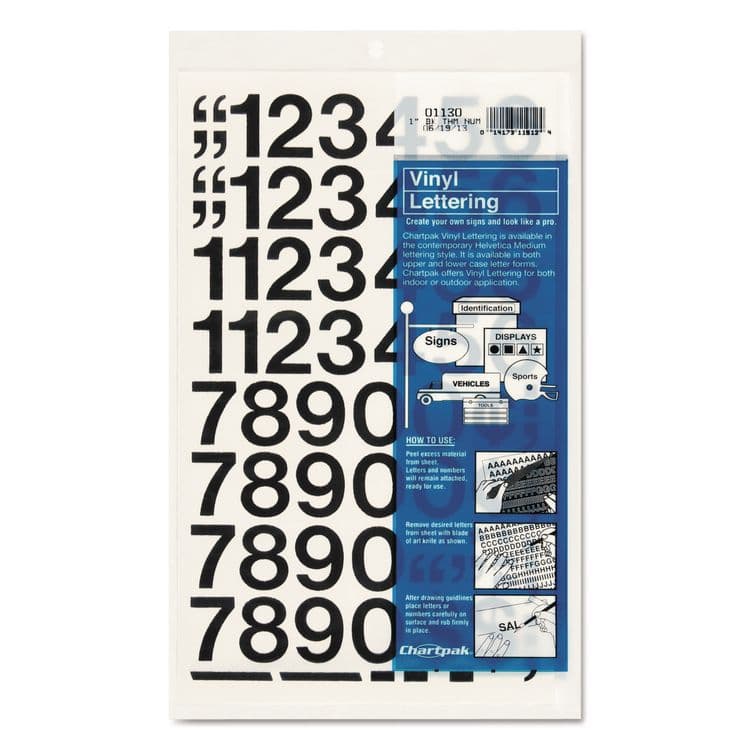 CHARTPAK/PICKETT Press-On Vinyl Self-Adhesive Numbers, 1" Tall, Black Characters, 44/Pack (CHA01130)