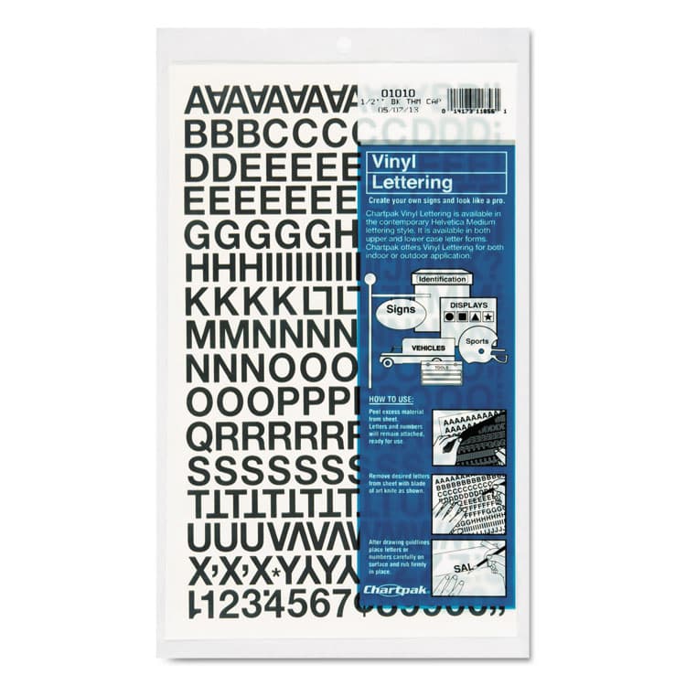 CHARTPAK/PICKETT Press-On Vinyl Self-Adhesive Numbers and Uppercase Letters, 0.5" Tall, Black Characters, 201/Pack (CHA01010)