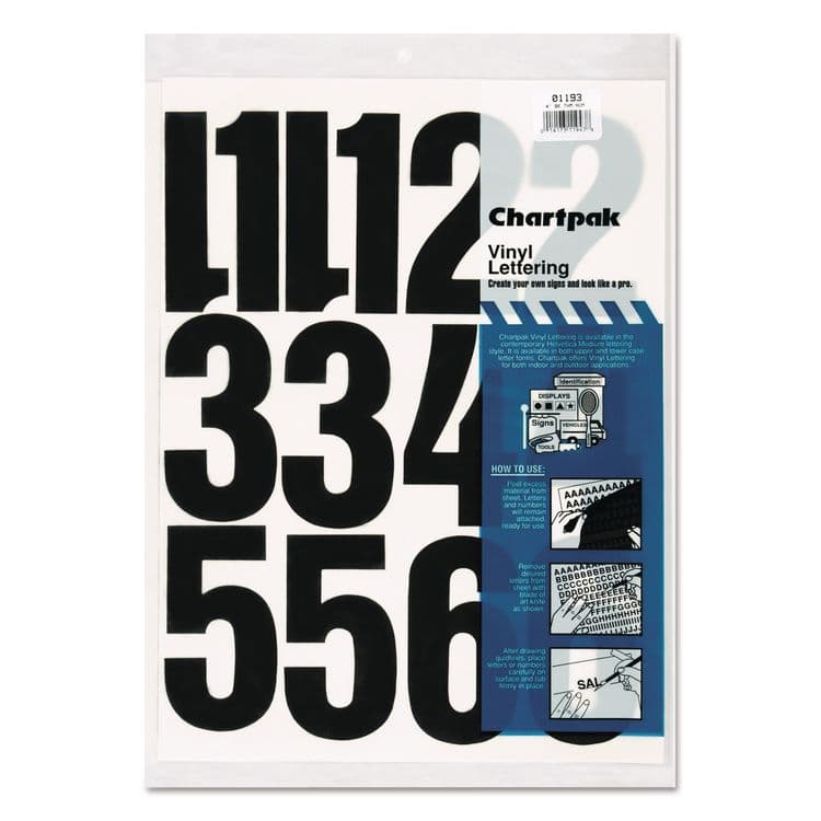 CHARTPAK/PICKETT Press-On Vinyl Self-Adhesive Numbers, 4" Tall, Black Characters, 23/Pack (CHA01193)