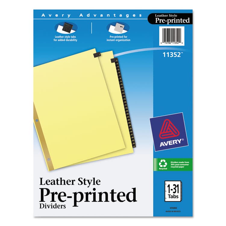 AVERY PRODUCTS CORPORATION Preprinted Black Leather Tab Dividers w/Gold Reinforced Edge, 31-Tab, 1 to 31, 11 x 8.5, Buff, 1 Set (AVE11352)