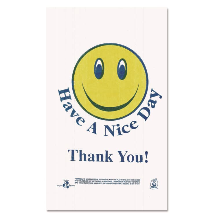 BROWN PAPER GOODS Smiley Face Shopping Bags, Thank You - Have a Nice Day Labeling, Cut-Out Handles, 11.5" x 6.5" x 21", White/Red, 900/Carton (BPCT16SMILEY)