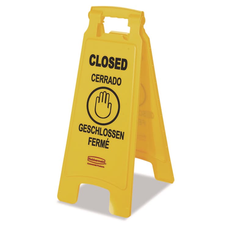RUBBERMAID COMMERCIAL PROD. Multilingual "Closed" Sign, 2-Sided, 11 x 12 x 25, Bright Yellow (RCP611278YEL)