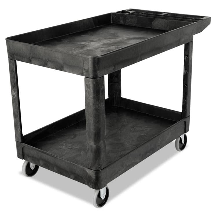 RUBBERMAID COMMERCIAL PROD. Heavy-Duty Utility Cart with Lipped Shelves, Plastic, 2 Shelves, 500 lb Capacity, 25.78" x 45.25" x 33.25", Black (RCP452089BLA)