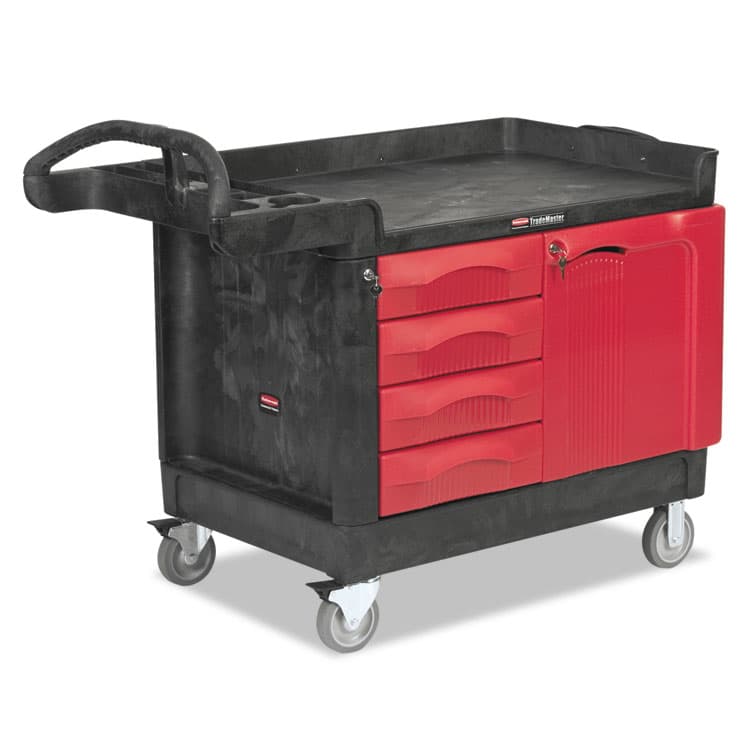 RUBBERMAID COMMERCIAL PROD. TradeMaster Cart with One Door, Plastic, 3 Shelves, 4 Drawers, 750 lb Capacity, 26.25" x 49" x 38", Black (RCP453388BLA)