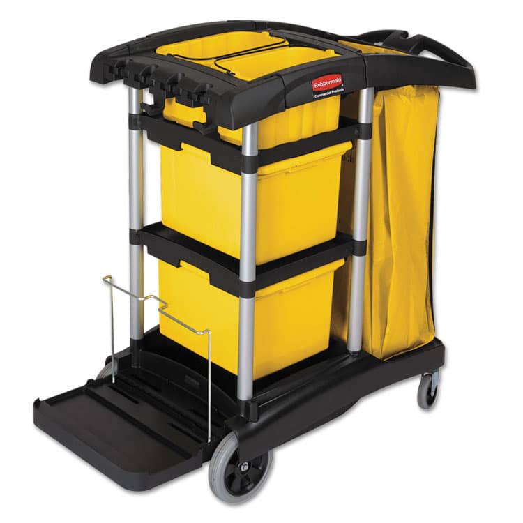 RUBBERMAID COMMERCIAL PROD. HYGEN Microfiber Healthcare Cleaning Cart, Plastic, 3 Shelves, 5 Bins, 22" x 48.25" x 44", Yellow/Black/Silver (RCP9T73)