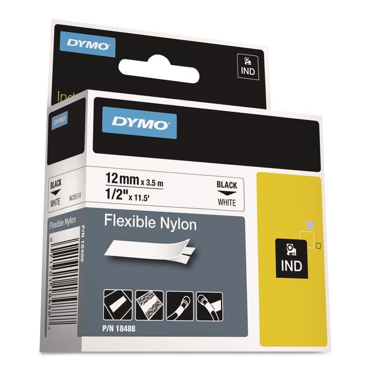 DYMO Rhino Flexible Nylon Industrial Label Tape, 0.5" x 11.5 ft, White/Black Print (DYM18488)