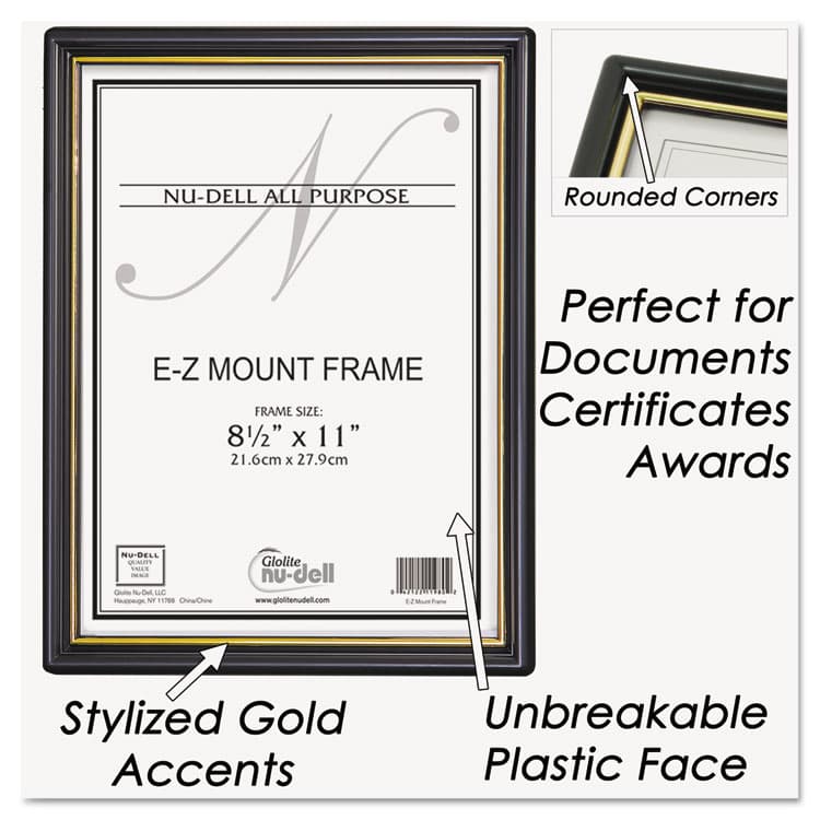 NU-DELL MANUFACTURING EZ Mount Document Frame with Trim Accent and Plastic Face, Plastic, 8.5 x 11 Insert, Black/Gold (NUD11880) thumbnail 2