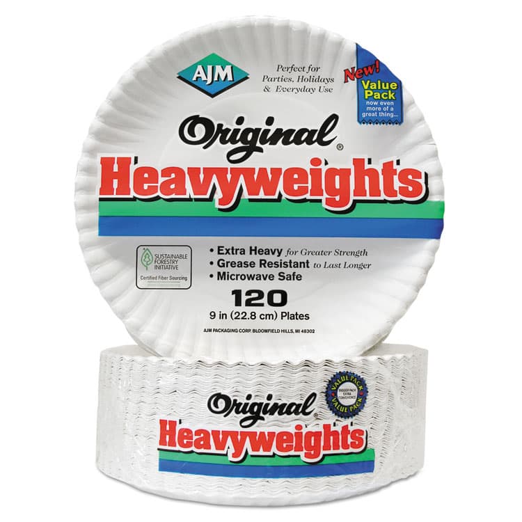 AJM PACKAGING CORP. Original Heavyweights Paper Plates, 9" dia, White, 120/Pack, 8 Packs/Carton (AJMOH9AJBXWH) thumbnail 3