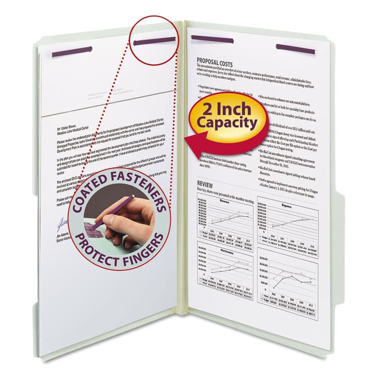 SMEAD MANUFACTURING CO. Recycled Pressboard Fastener Folders, 2/5 Tab: R of C, Expands 2", 2 SafeSHIELD Fasteners, Legal Size, Gray-Green, 25/Box (SMD19982)
