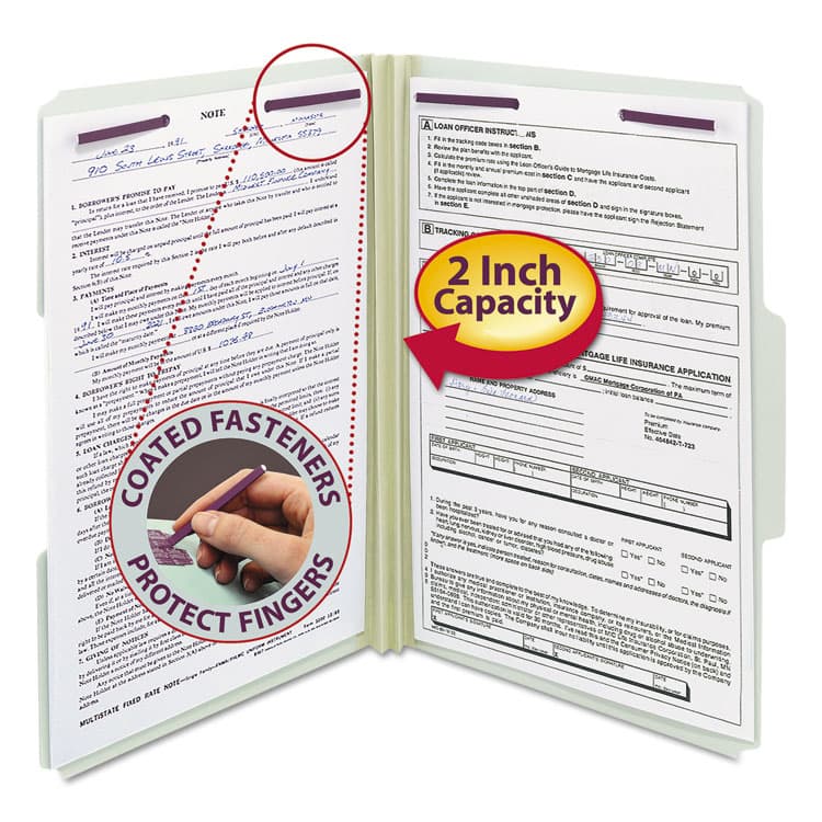 SMEAD MANUFACTURING CO. Recycled Pressboard Fastener Folders, 1/3 Tab: Assorted, Expands 2", 2 SafeSHIELD Fasteners, Legal Size, Gray-Green, 25/Box (SMD19934)