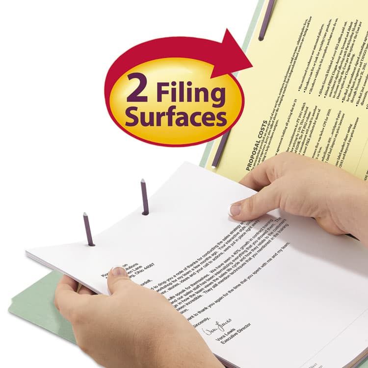 SMEAD MANUFACTURING CO. Recycled Pressboard Fastener Folders, 2/5 Tab: R of C, Expands 2", 2 SafeSHIELD Fasteners, Legal Size, Gray-Green, 25/Box (SMD19982) thumbnail 3