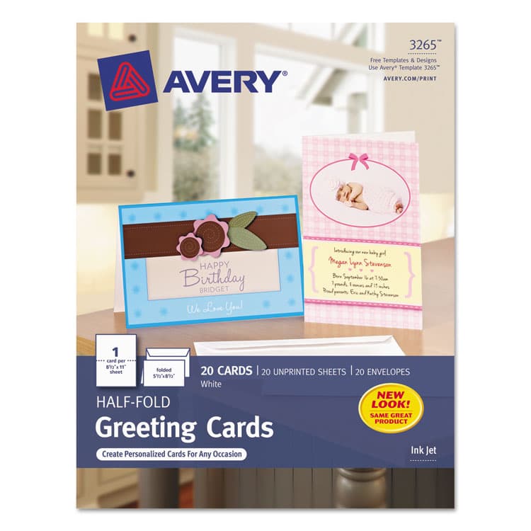 AVERY PRODUCTS CORPORATION Half-Fold Greeting Cards with Matching Envelopes, Inkjet, 85 lb, 5.5 x 8.5, Matte White, 1 Card/Sheet, 20 Sheets/Box (AVE3265)