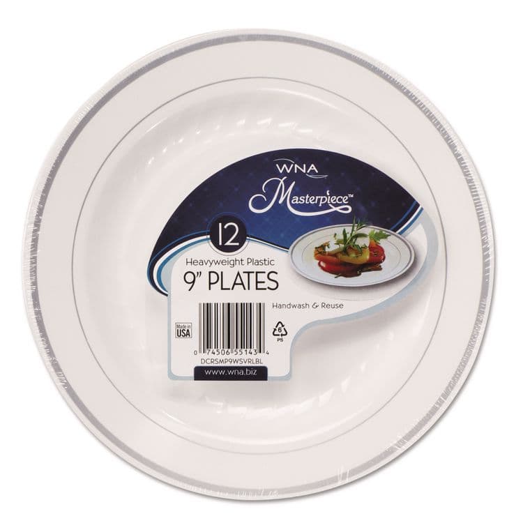 WNA, . Masterpiece Plastic Dinnerware, 9" dia, White/Silver, 10/Pack (WNARSM91210WSPK)