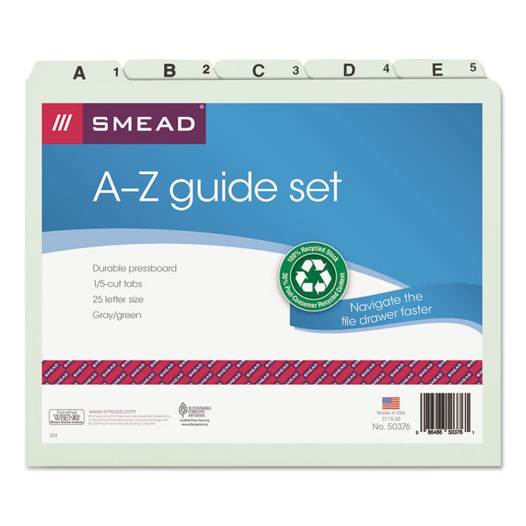 SMEAD MANUFACTURING CO. Alphabetic Top-Tab Indexed File Guide Set, 1/5-Cut Top Tab, A to Z, 8.5 x 11, Green, 25/Set (SMD50376)