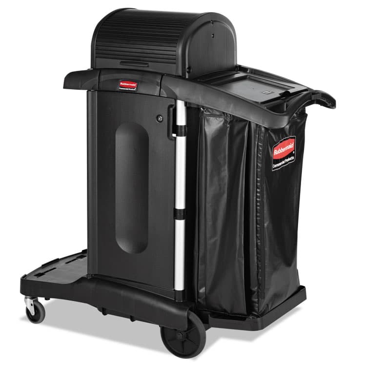 RUBBERMAID COMMERCIAL PROD. Executive High Security Janitorial Cleaning Cart, Plastic, 4 Shelves, 1 Bin, 23.1" x 39.6" x 27.5", Black (RCP1861427)