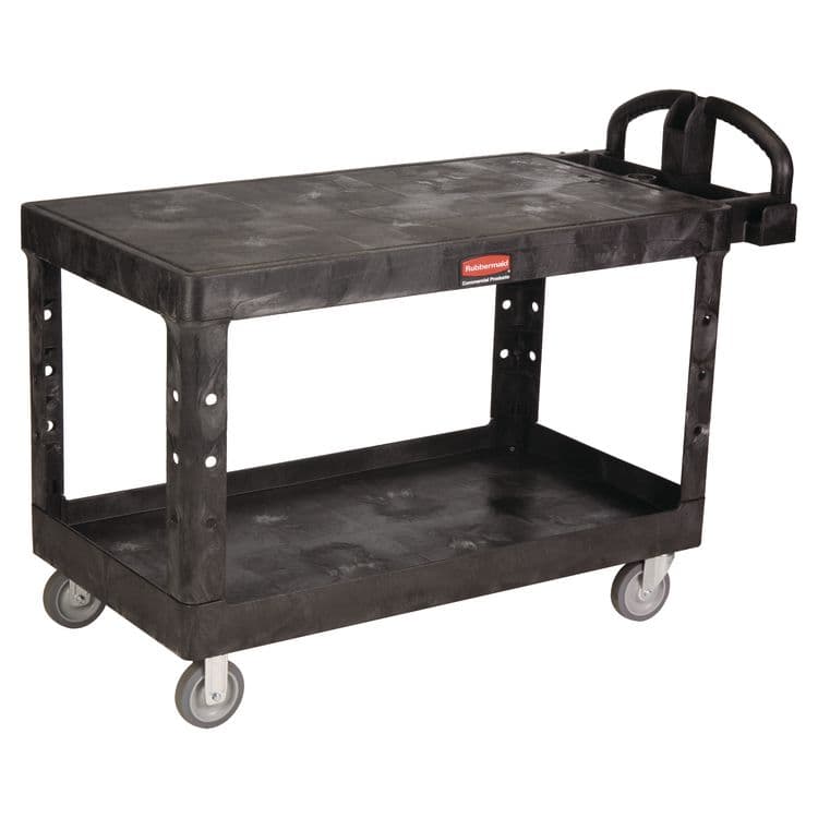 RUBBERMAID COMMERCIAL PROD. Heavy-Duty Utility Cart with Flat Shelves, Plastic, 2 Shelves, 500 lb Capacity, 25.25" x 54" x 36", Black (RCP4545BLA)
