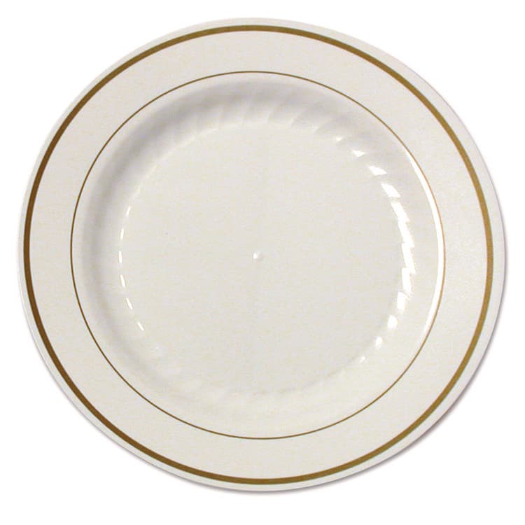 WNA, . Masterpiece Plastic Plates, 7.5" dia, Ivory/Gold, 10/Pack, 15 Packs/Carton (WNAMP75IPREM)