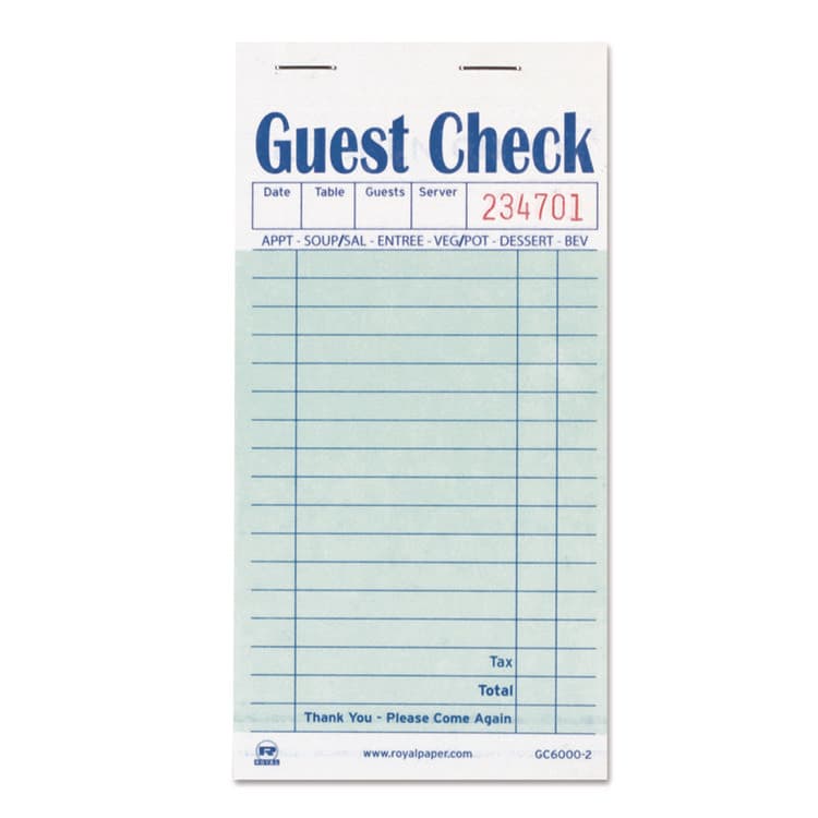 AMERCAREROYAL Guest Check Pad, 17 Lines, Two-Part Carbon, 3.5 x 6.7, 50 Forms/Pad, 50 Pads/Carton (RPPGC60002)