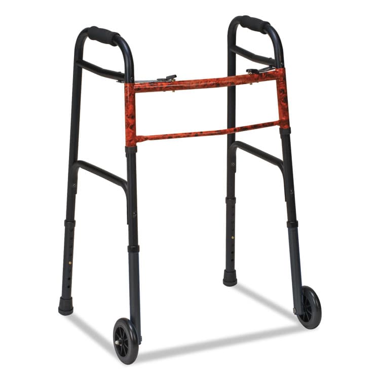BRIGGS HEALTHCARE Two-Button Release Folding Walker with Wheels, Adjusts 32" to 38", 250 lb Capacity, Black/Copper (BGH80210450200)