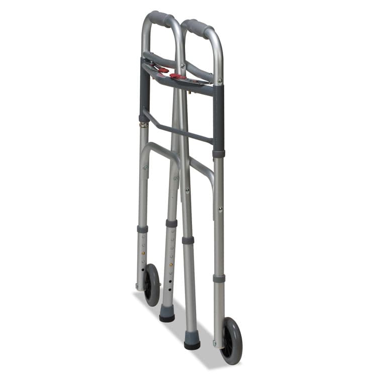 BRIGGS HEALTHCARE Two-Button Release Folding Walker with Wheels, Adjusts 32" to 38", 250 lb Capacity, Silver/Gray (BGH80210450600) thumbnail 2