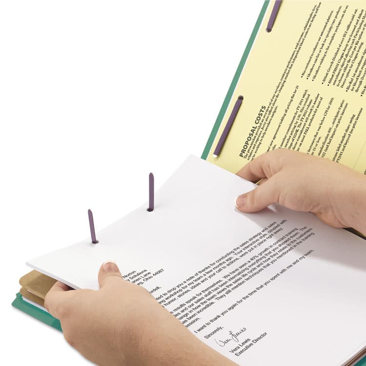 SMEAD MANUFACTURING CO. End Tab Pressboard Classification Folders, Expands 2", 2 Dividers, 6 SafeSHIELD Fasteners, Letter Size, Green, 10/Box (SMD26785) thumbnail 3