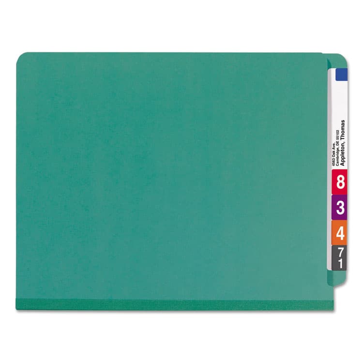 SMEAD MANUFACTURING CO. End Tab Pressboard Classification Folders, Expands 2", 2 Dividers, 6 SafeSHIELD Fasteners, Letter Size, Green, 10/Box (SMD26785) thumbnail 4