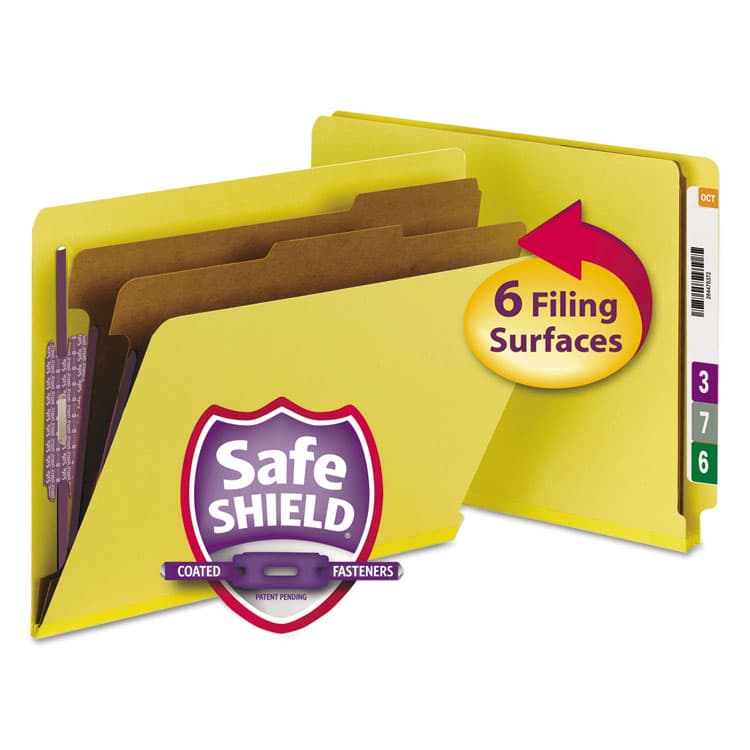 SMEAD MANUFACTURING CO. End Tab Pressboard Classification Folders, Expands 2", 2 Dividers, 6 SafeSHIELD Fasteners, Letter Size, Yellow, 10/Box (SMD26789)