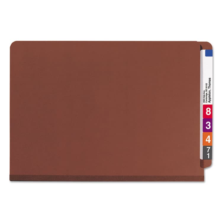 SMEAD MANUFACTURING CO. End Tab Pressboard Classification Folders, Expands 2", 2 Dividers, 6 SafeSHIELD Fasteners, Legal Size, Red, 10/Box (SMD29860) thumbnail 3