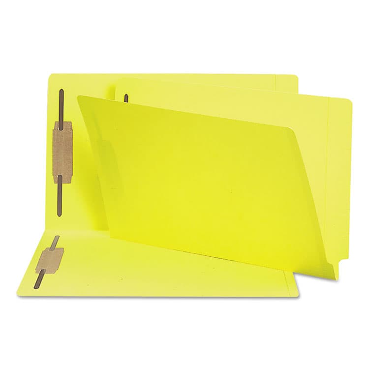 SMEAD MANUFACTURING CO. Heavyweight Colored End Tab Fastener Folders, Straight Tab, Expands 0.75", 2 Fasteners, Legal Size, Yellow, 50/Box (SMD28940)