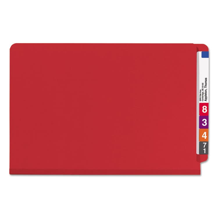 SMEAD MANUFACTURING CO. End Tab Pressboard Classification Folders, Expands 2", 2 Dividers, 6 SafeSHIELD Fasteners, Legal Size, Bright Red, 10/Box (SMD29783) thumbnail 4