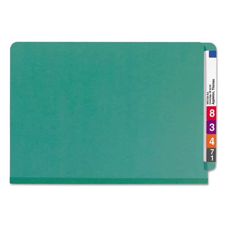 SMEAD MANUFACTURING CO. End Tab Pressboard Classification Folders, Expands 2", 2 Dividers, 6 SafeSHIELD Fasteners, Legal Size, Green, 10/Box (SMD29785) thumbnail 4