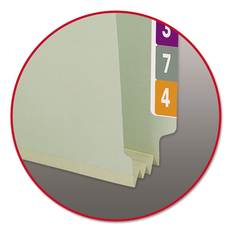 SMEAD MANUFACTURING CO. End Tab Pressboard Classification Folders, Straight Tab, Expands 3", 2 SafeSHIELD Fasteners, Legal Size, Gray-Green, 25/Box (SMD37725) thumbnail 2