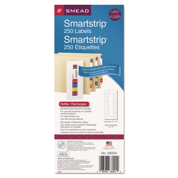 SMEAD MANUFACTURING CO. Color-Coded Smartstrip Refill Label Forms, Laser Printer, Assorted, 1.5 x 7.5, White, 250/Pack (SMD66004)