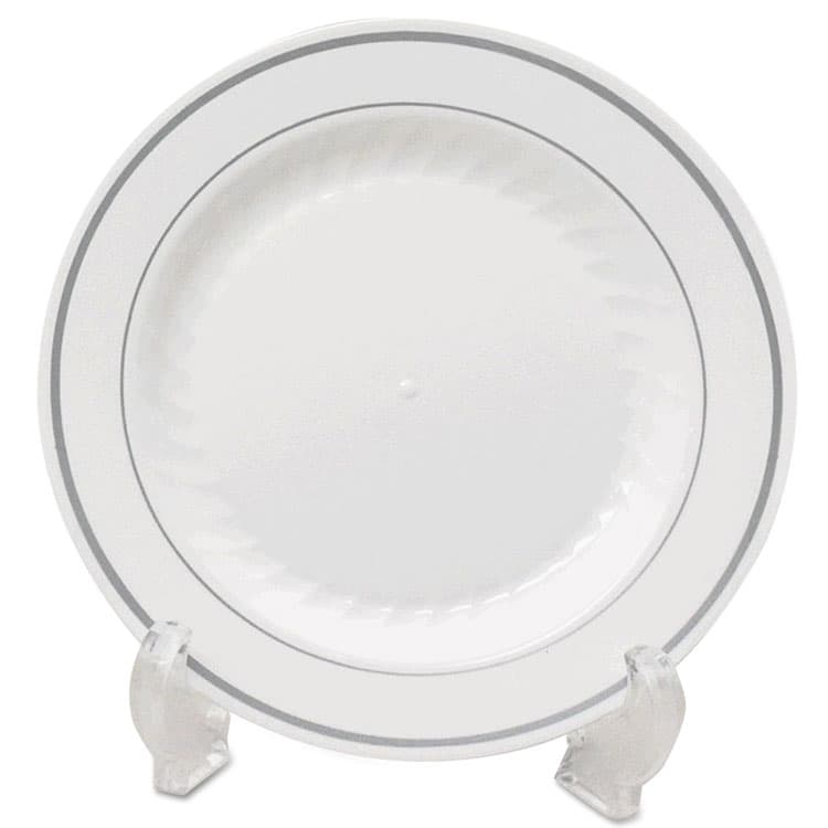 WNA, . Masterpiece Plastic Dinnerware, Plate, 10.25" dia. White/Silver, 12/Pack, 10 Packs/Carton (WNAMP10WSLVR)