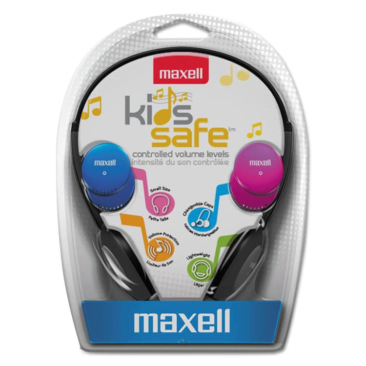 MAXELL CORP. OF AMERICA Kids Safe Headphones, 4 ft Cord, Black with Interchangeable Pink/Blue/Silver Caps (MAX190338)