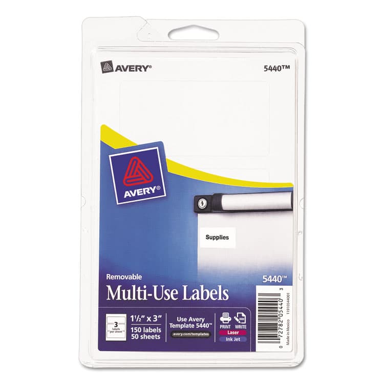 AVERY PRODUCTS CORPORATION Removable Multi-Use Labels, Inkjet/Laser Printers, 1.5 x 3, White, 3/Sheet, 50 Sheets/Pack, (5440) (AVE05440)