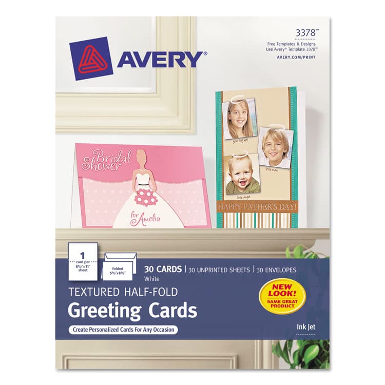 AVERY PRODUCTS CORPORATION Half-Fold Greeting Cards with Envelopes, Inkjet, 65 lb, 5.5 x 8.5, Textured Uncoated White, 1 Card/Sheet, 30 Sheets/Box (AVE3378)