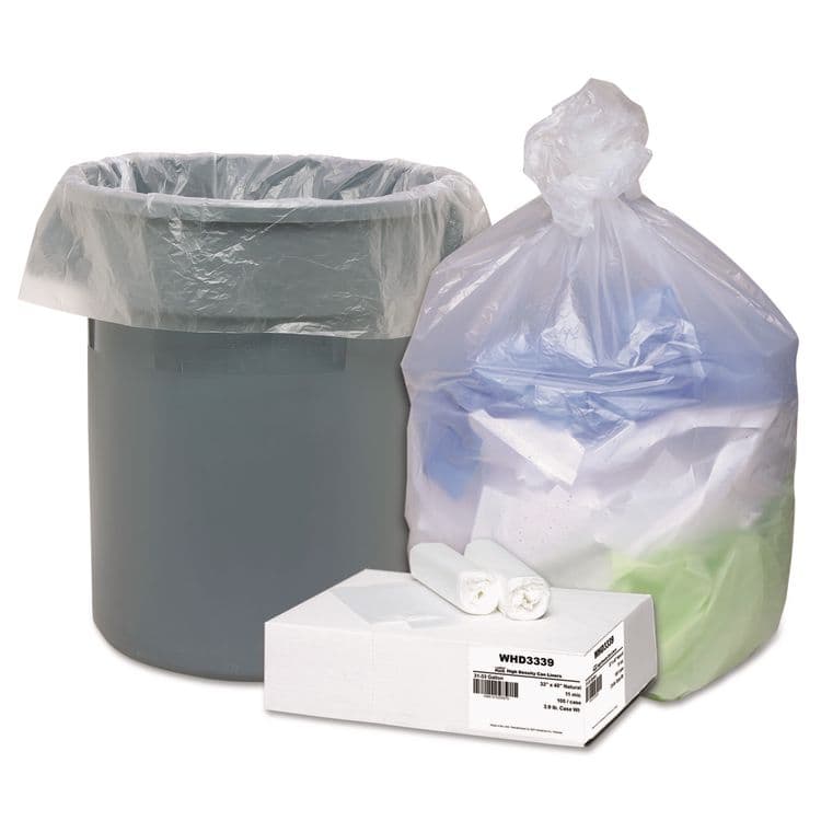 WEBSTER INDUSTRIES Can Liners, 33 gal, 11 mic, 33" x 40", Natural, 10 Bags/Roll, 10 Rolls/Carton (WBIWHD3339)