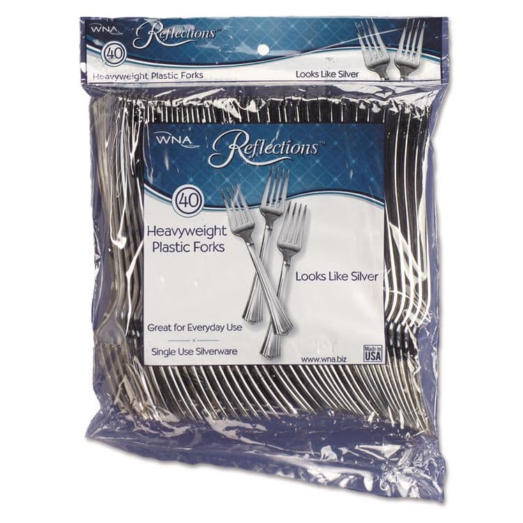 WNA, . Reflections Heavyweight Plastic Utensils, Fork, Silver, 40/Pack, 8 Packs/Carton (WNAREF320FK)