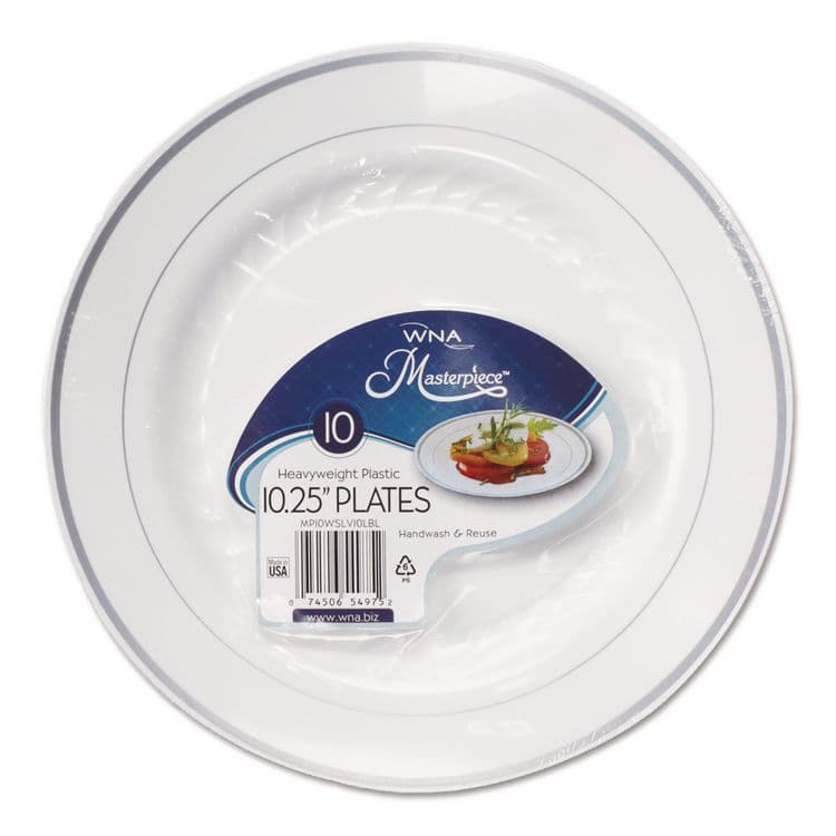 WNA, . Masterpiece Plastic Plates, 10.25" dia, White/Silver, 10/Pack, 12 Packs/Carton (WNARSM101210WS)