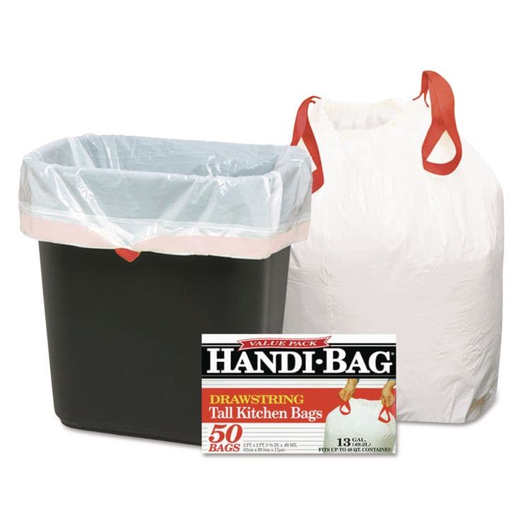 WEBSTER INDUSTRIES Drawstring Kitchen Bags, 13 gal, 24" x 27.38", White, 50/Box (WBIHAB6DK50)