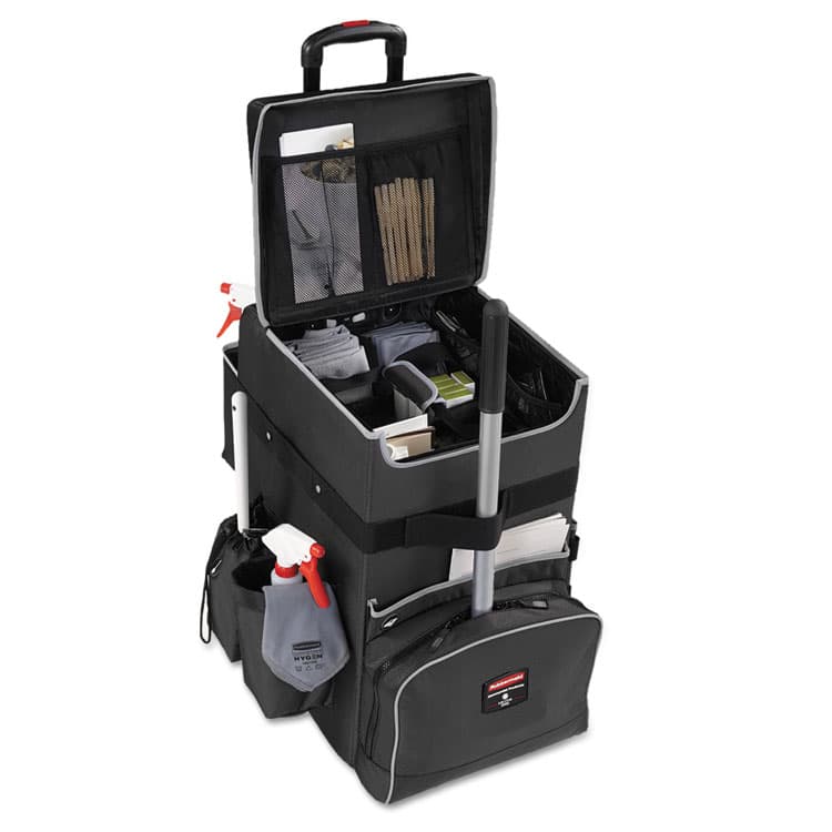 RUBBERMAID COMMERCIAL PROD. Executive Quick Clean Janitorial Cart, Synthetic Fabric, 16 Compartments, 14.25" x 16.5" x 25", Dark Gray (RCP1902465)