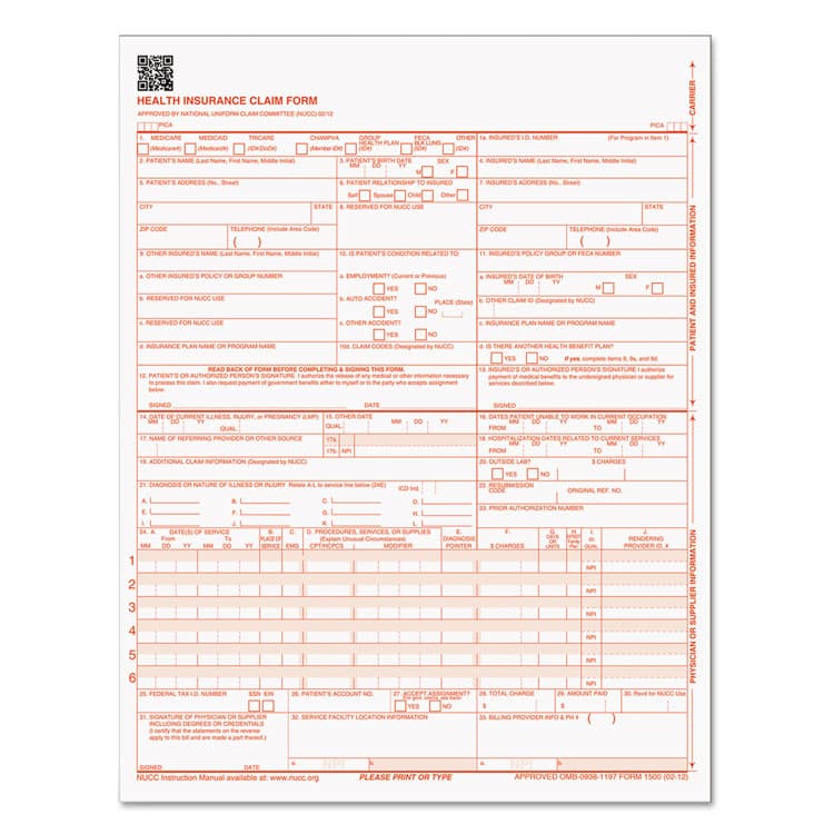TOPS BUSINESS FORMS CMS-1500 Medicare/Medicaid Forms for Laser Printers, One-Part (No Copies), 8.5 x 11, 500 Forms Total (TOP50126RV)