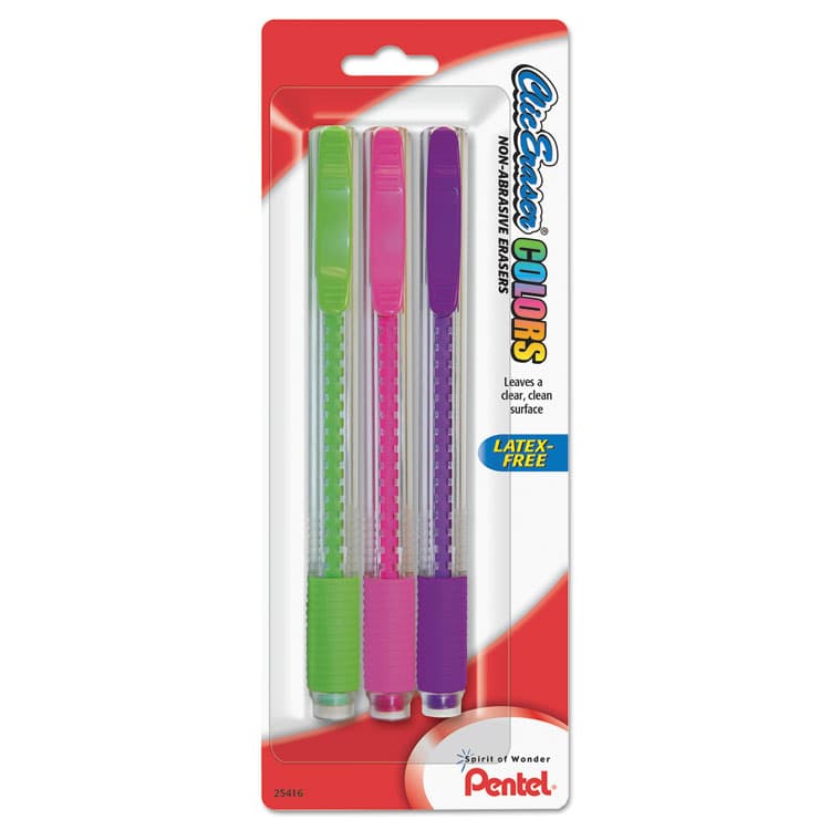 PENTEL OF AMERICA Clic Eraser COLORS Eraser, For Pencil Marks, White Eraser, Assorted Barrel Colors, 3/Pack (PENZE23BP3M)