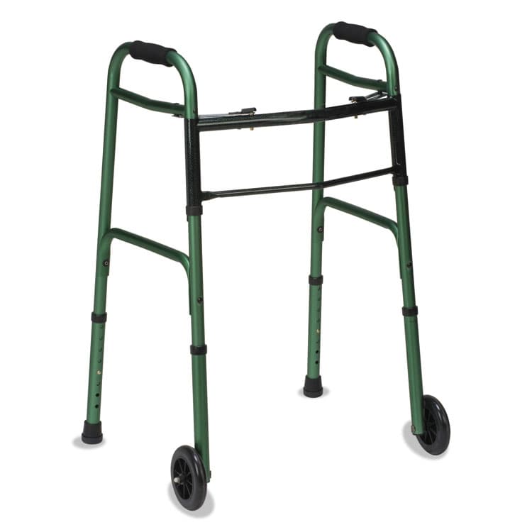 BRIGGS HEALTHCARE Two-Button Release Folding Walker with Wheels, Adjusts 32" to 38", 250 lb Capacity, Green/Green Ice (BGH80210451200)