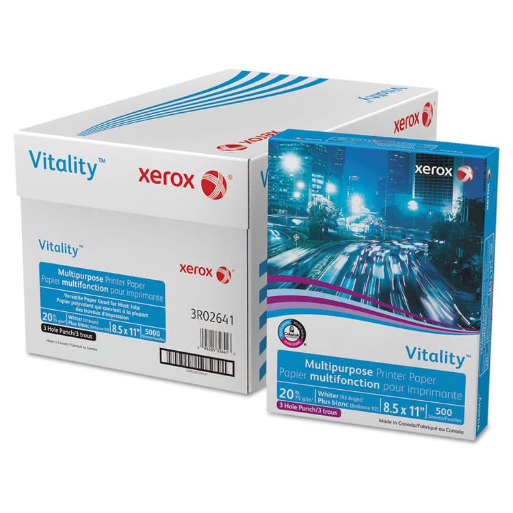 XEROX CORP. Vitality Multipurpose Print Paper, 92 Bright, 3-Hole, 20 lb Bond Weight, 8.5 x 11, 500 Sheets/Ream, 10 Reams/Carton (XER3R02641)