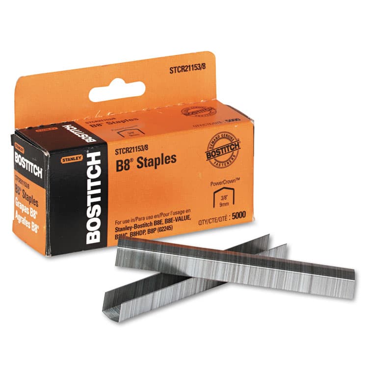 STANLEY BOSTITCH B8 PowerCrown Premium Staples, 0.38" Leg, 0.5" Crown, Steel, 5,000/Box (BOSSTCR211538)